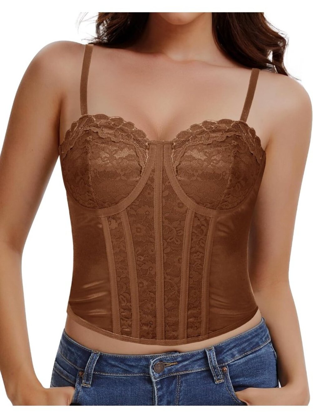 Women's Brown Underwire Sheer Boned Fit Spaghetti Strap Lace Bustier Corset Top